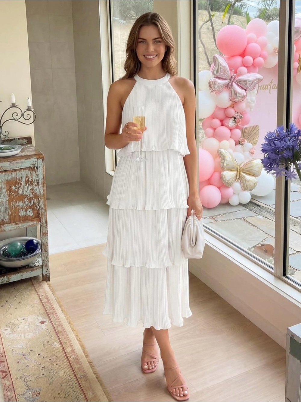 Ruffle Pleated Tiered Layered Chiffon Flowy Swing Long Midi Dress in White - Picture 9 of 15